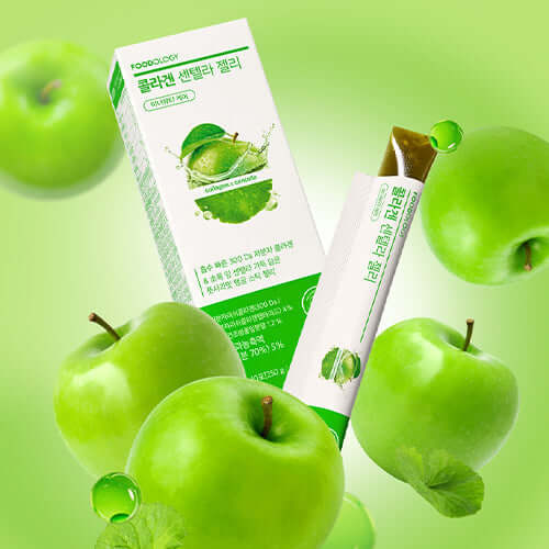 FOODOLOGY Collagen Centella Jelly 250g surrounded by green apples and centella leaves in green packaging.