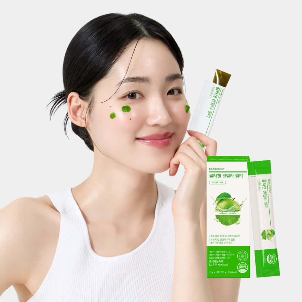 Model holding FOODOLOGY Collagen Centella Jelly 250g with packaging, showcasing skincare benefits and vibrant design.