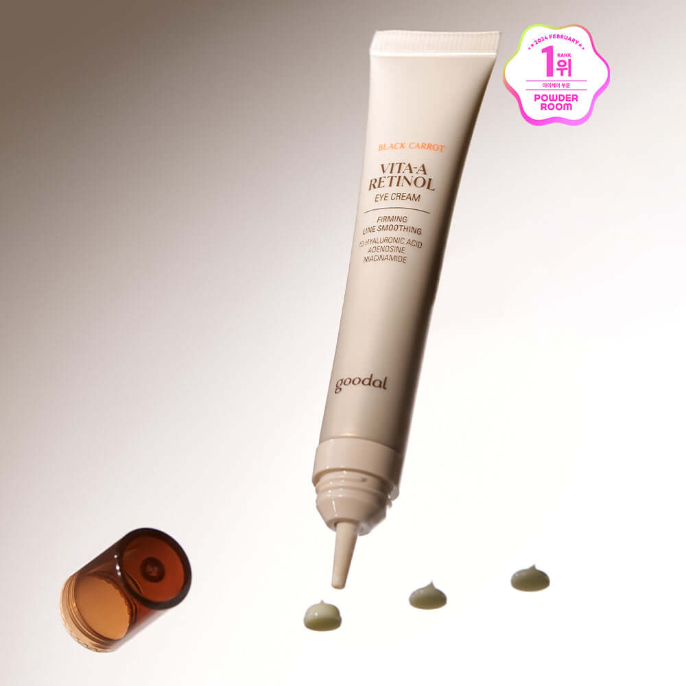 GOODAL Black Carrot Vita A Retinol Eye Cream 30ml in tube with cream drops and brown cap