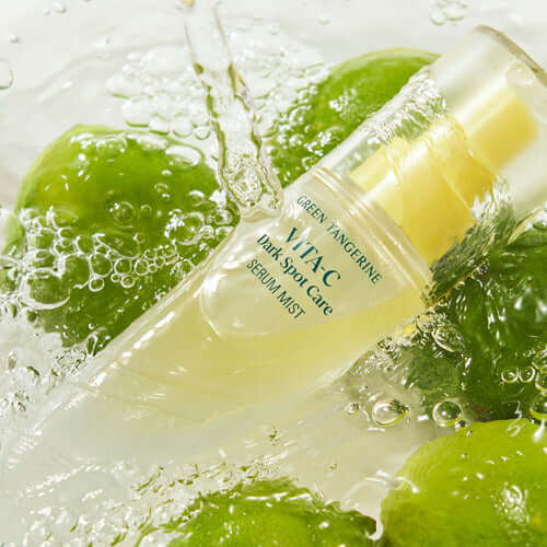 GOODAL Green Tangerine Vita C Serum Mist 100ml bottle with fresh green tangerines and water splashes