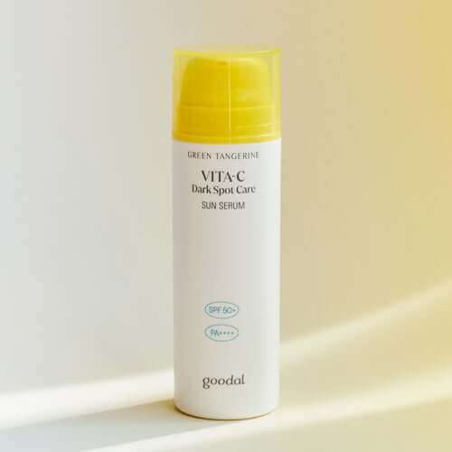GOODAL Green Tangerine Vita C Spot Care Sun Serum 50ml on a light background.