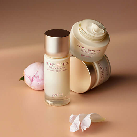 GOODAL Peony Peptide Ampoule 50ml + Cream 60ml (Set) with elegant packaging and gentle peony essence on a soft background