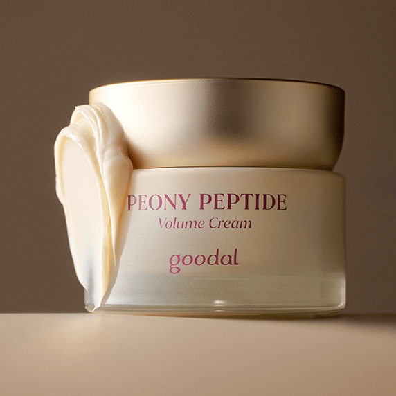 GOODAL Peony Peptide Volume Cream 60ml jar, luxury skincare product showcasing rich cream texture.