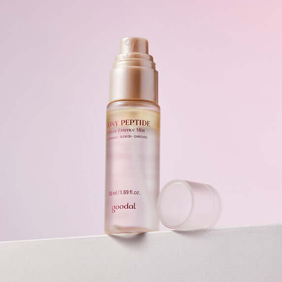 GOODAL Peony Peptide Wrinkle Volume Essence Mist 50ml bottle on a soft pink background highlighting skincare product benefits.
