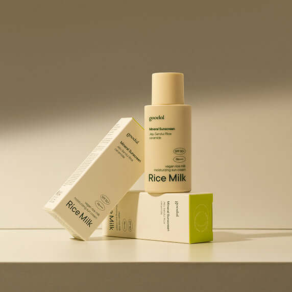 GOODAL Vegan Rice Milk Moisture Sunscreen (24AD) packaging and bottle on display.