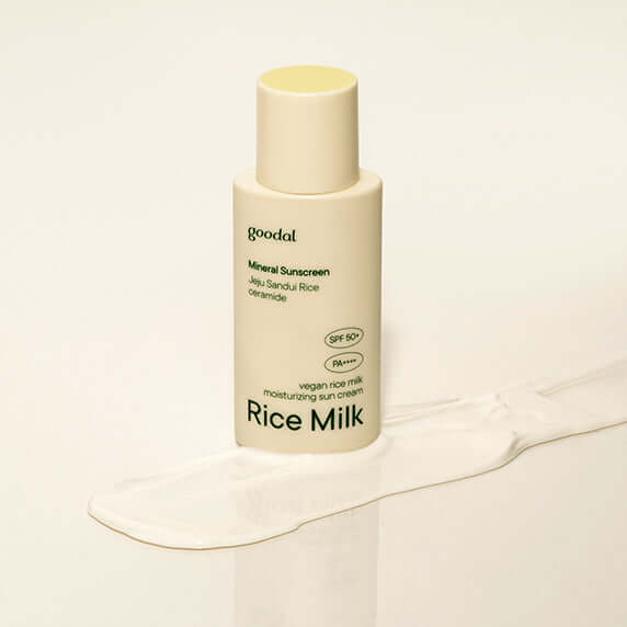 GOODAL Vegan Rice Milk Moisture Sunscreen (24AD) bottle on creamy background.