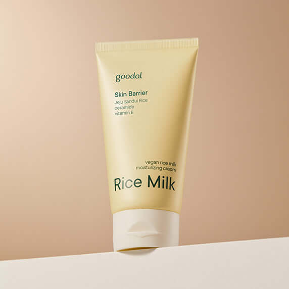 GOODAL Vegan Rice Milk Moisturizing Cream 70ml tube on beige background, emphasizing skincare benefits.