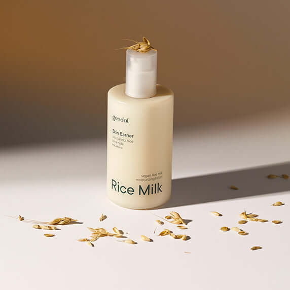 GOODAL Vegan Rice Milk Moisturizing Lotion 200ml (24AD) - Hydrating skincare bottle with rice grains, soft lighting background