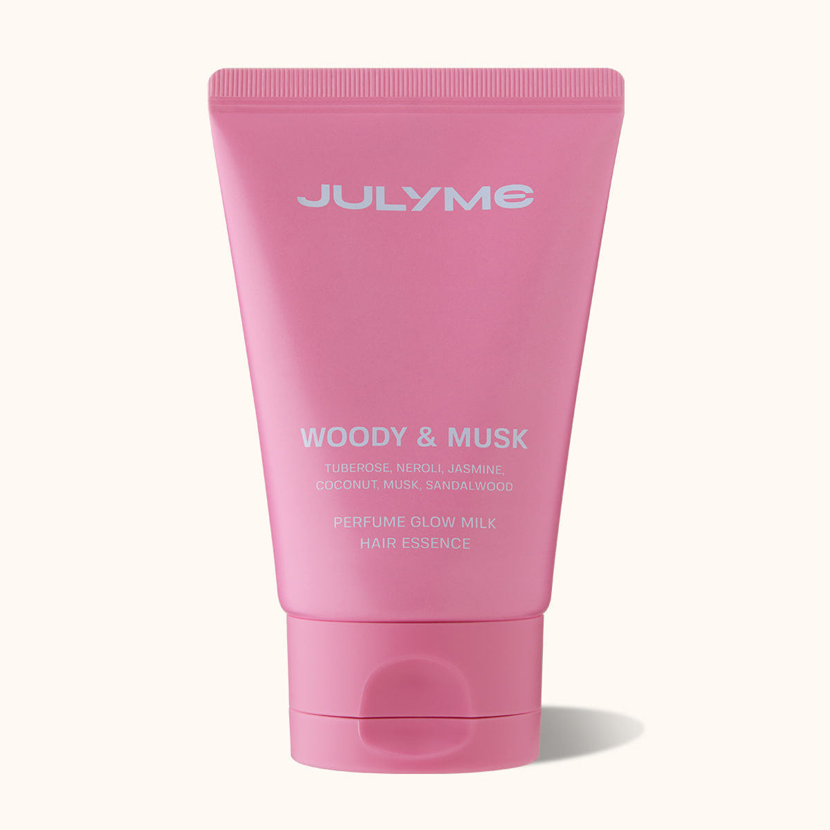 JULYME Perfume Glow Milk Hair Essence 80ml (Woody& Musk) in pink packaging, featuring notes of tuberose, neroli, and jasmine.