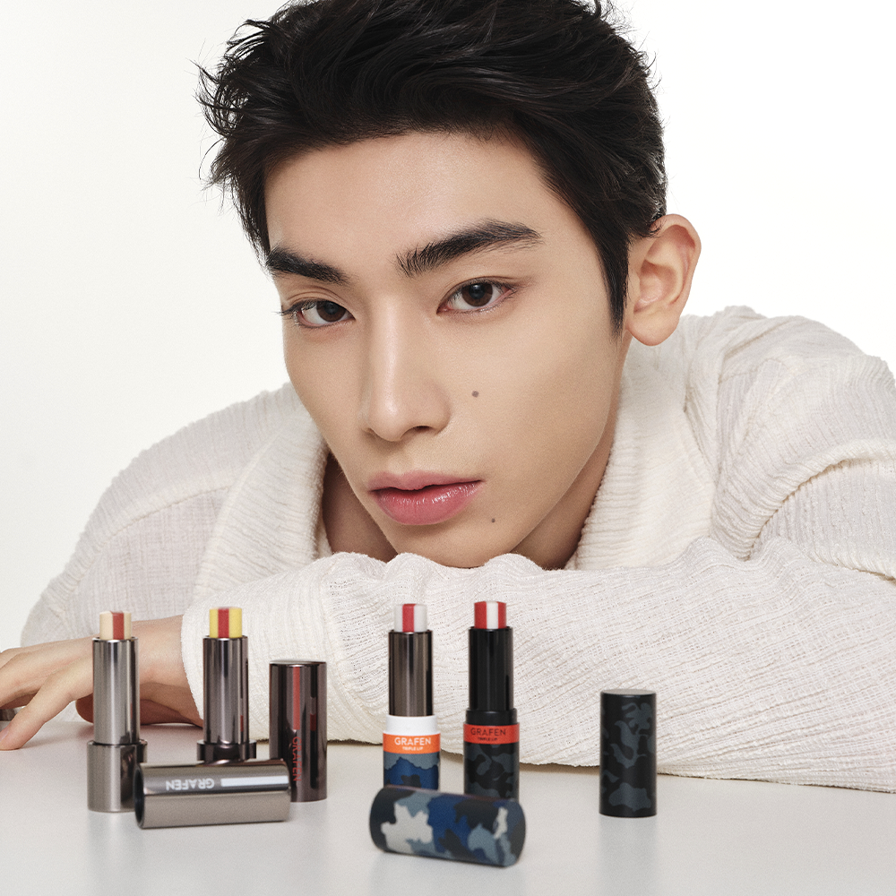 GRAFEN Triple Lip 4.3g displayed with gentleman model and range of lipsticks, Gentleman Korea export of Korean men’s skincare