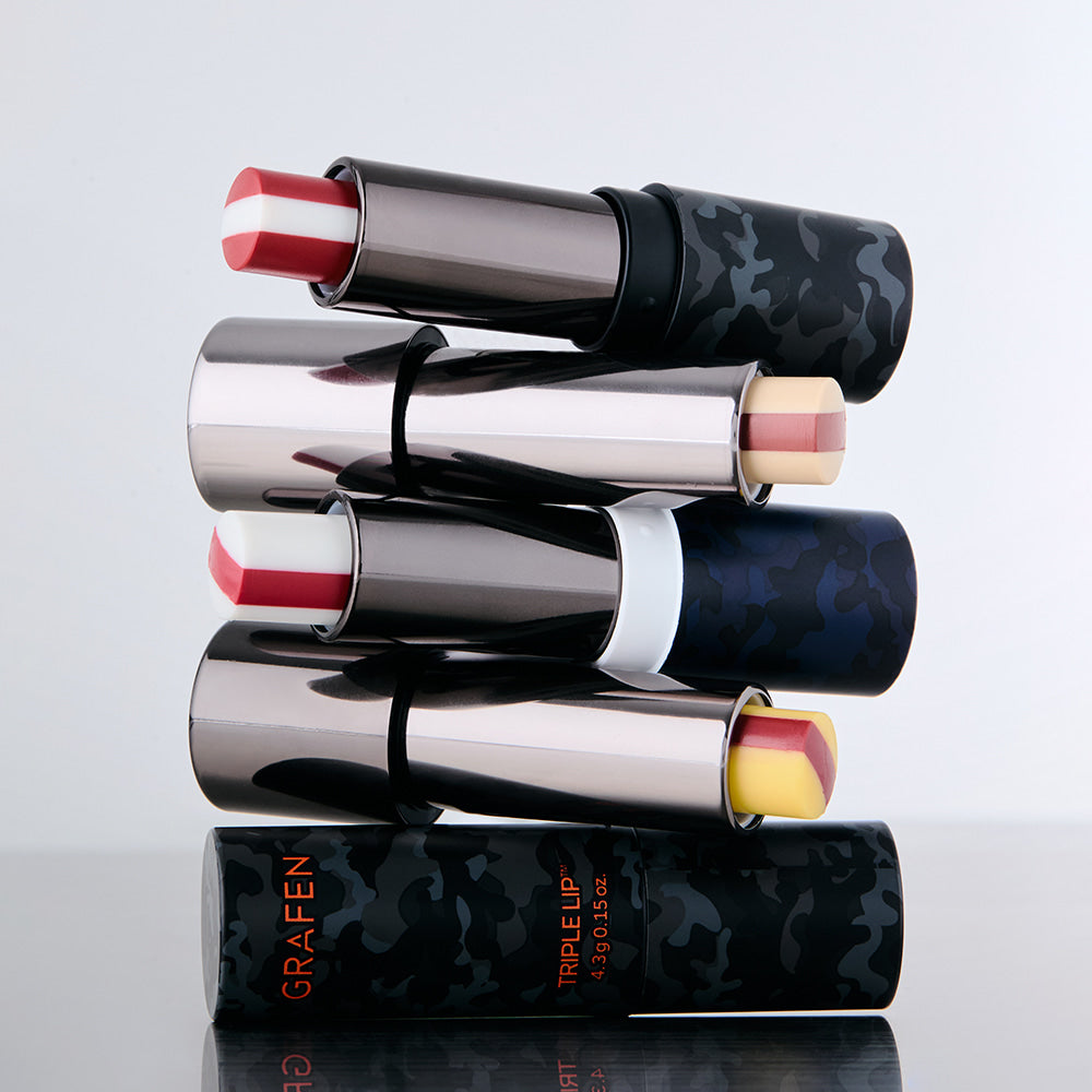GRAFEN Triple Lip 4.3g - Gentleman Korea product image showing stacked camo-patterned lip balms in sleek metallic tubes for men’s skincare