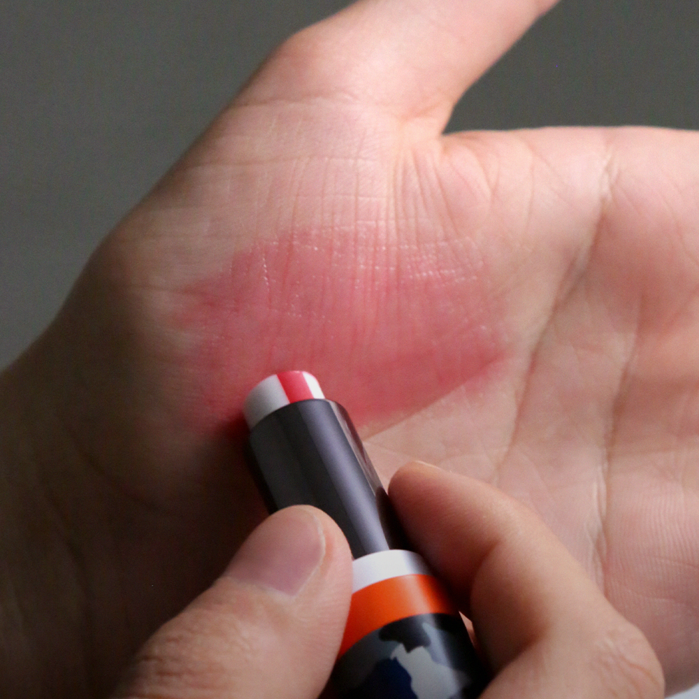 GRAFEN Triple Lip Handsome Lip 4.3g applied on hand swatch by Gentleman Korea for men’s skincare, dewy natural red tint