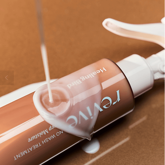 HEALING BIRD Revive No-Wash Treatment Deep Moisture Plan 200ml bottle with creamy texture pouring