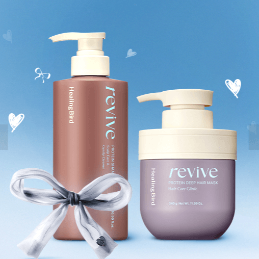 HEALING BIRD Revive Protein Shampoo + Deep Hair Mask with stylish bottles on a blue background