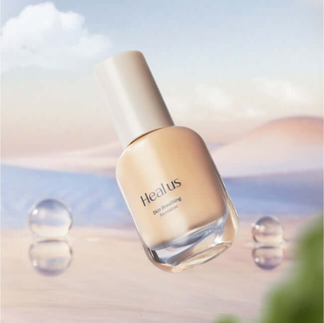 HEALUS Breath Foundation Glow SPF 35 PA++ bottle with serene backdrop showcasing skincare product benefits.