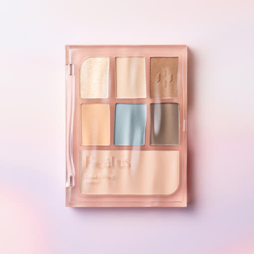 HEALUS Color Pairing Palette 10g showing six versatile shades for makeup application on a soft pink background