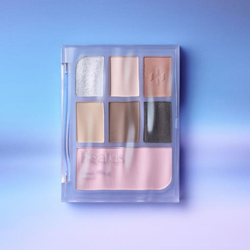 HEALUS Color Pairing Palette 10g showcasing versatile shades against a gradient background.