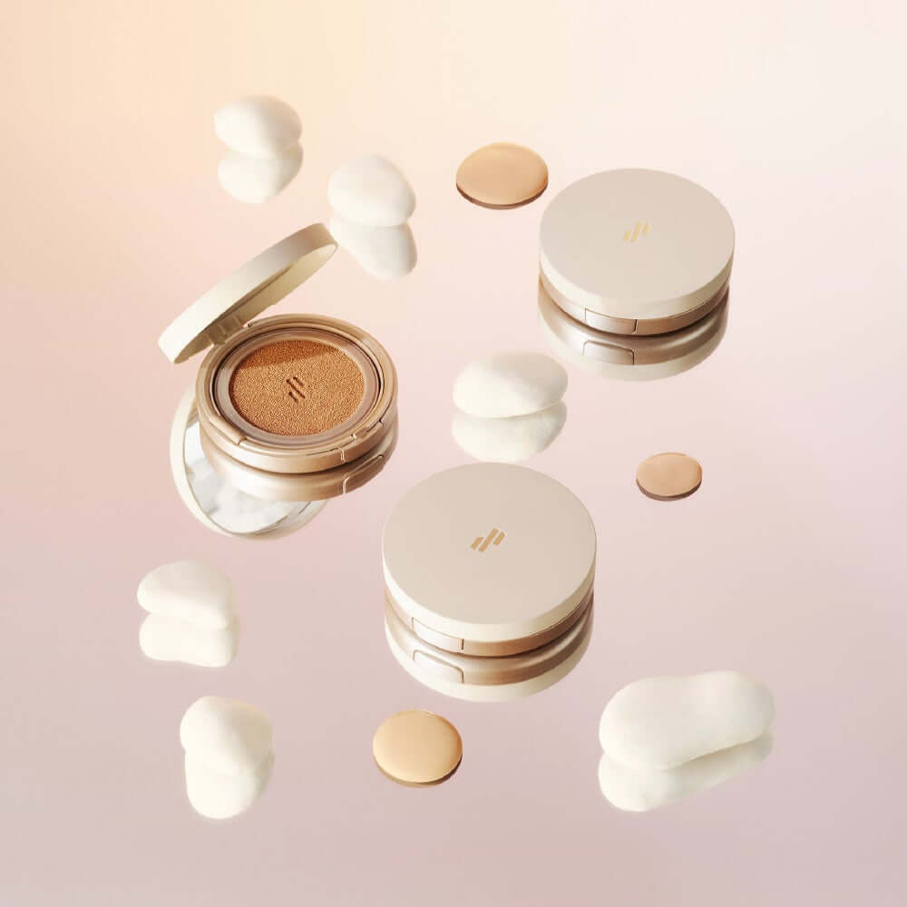 HEART PERCENT Dot ON Mood Layer Cushion makeup compacts on a soft reflective surface with cotton pads and reflective disks