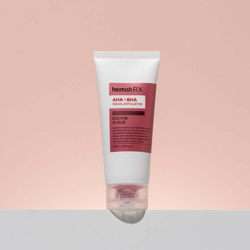HEIMISH RX AHA BHA Enzyme Scrub 130ml displayed against a peach background.
