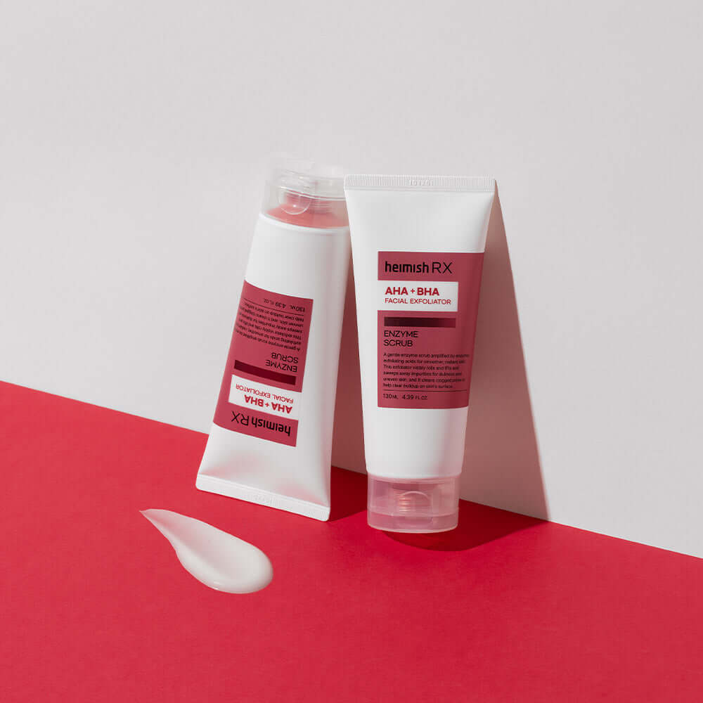 HEIMISH RX AHA BHA Enzyme Scrub 130ml product packaging with red and white design.