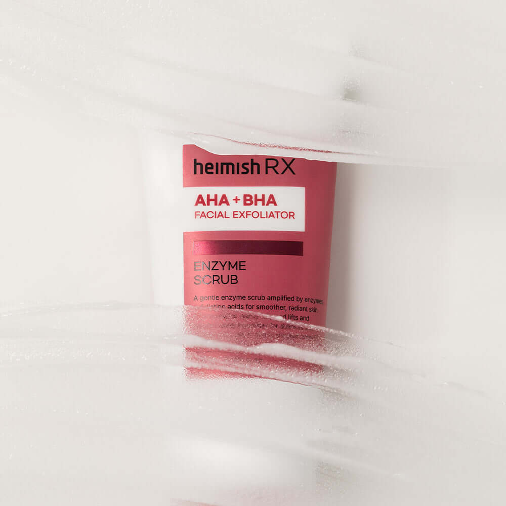 HEIMISH RX AHA BHA Enzyme Scrub 130ml tube on frosted surface.