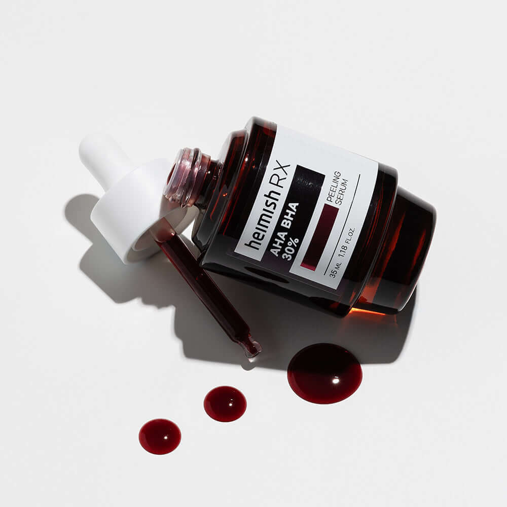HEIMISH RX AHA BHA Peeling Serum 35ml bottle with dropper and liquid on white background
