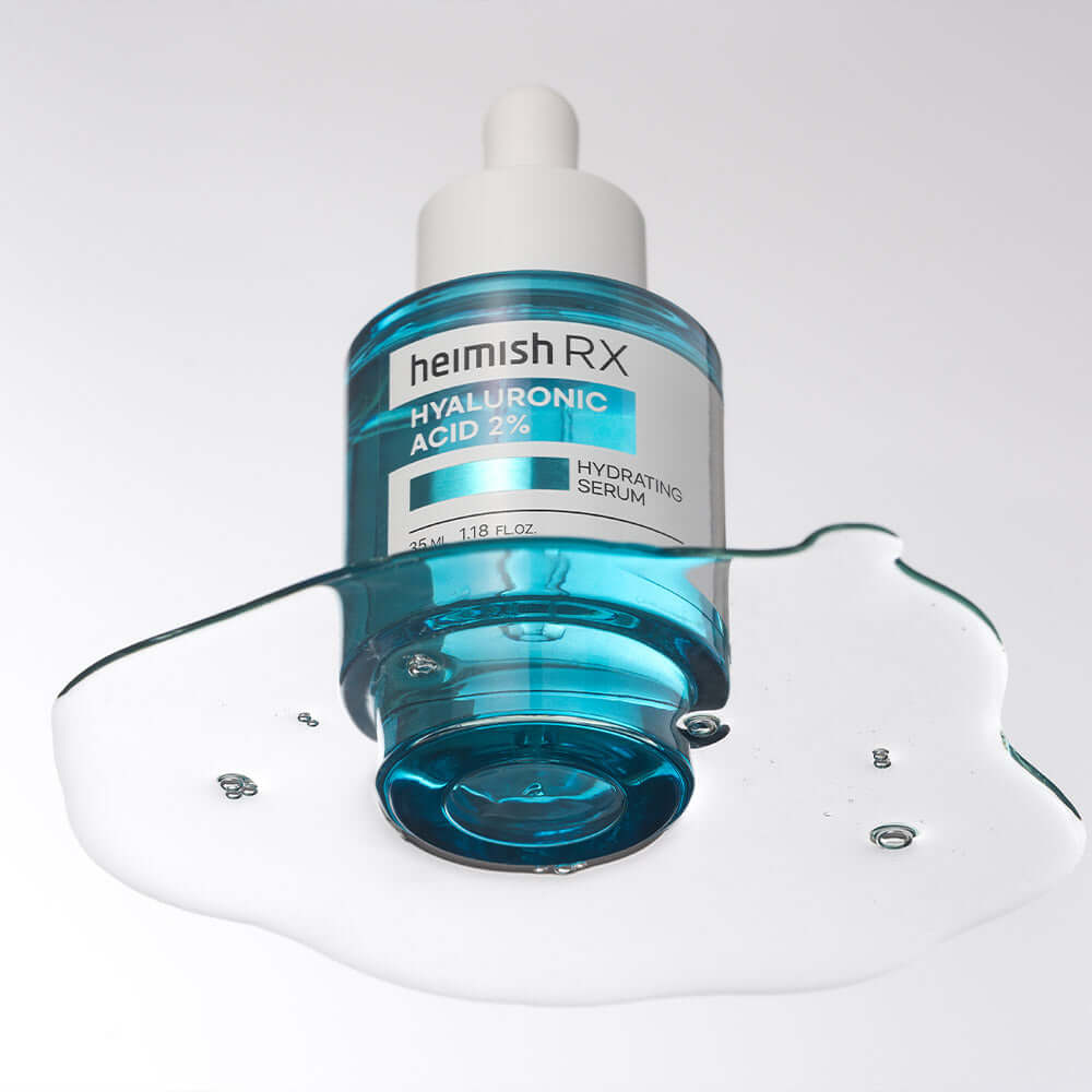 HEIMISH RX Hyaluronic Acid Hydrating Serum 35ml bottle with blue liquid spread, skincare, hydration, beauty product.