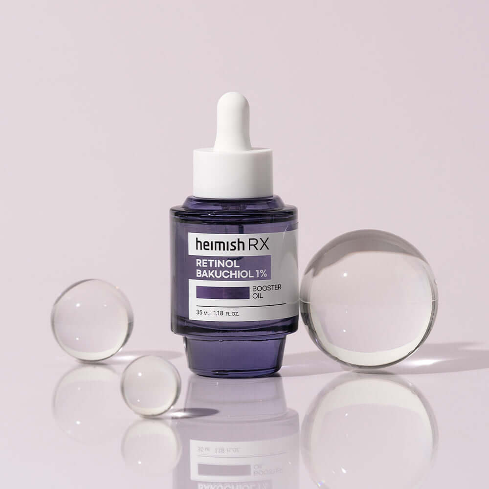 HEIMISH RX Retinol Bakuchiol Booster Oil 35ml bottle with transparent spheres.