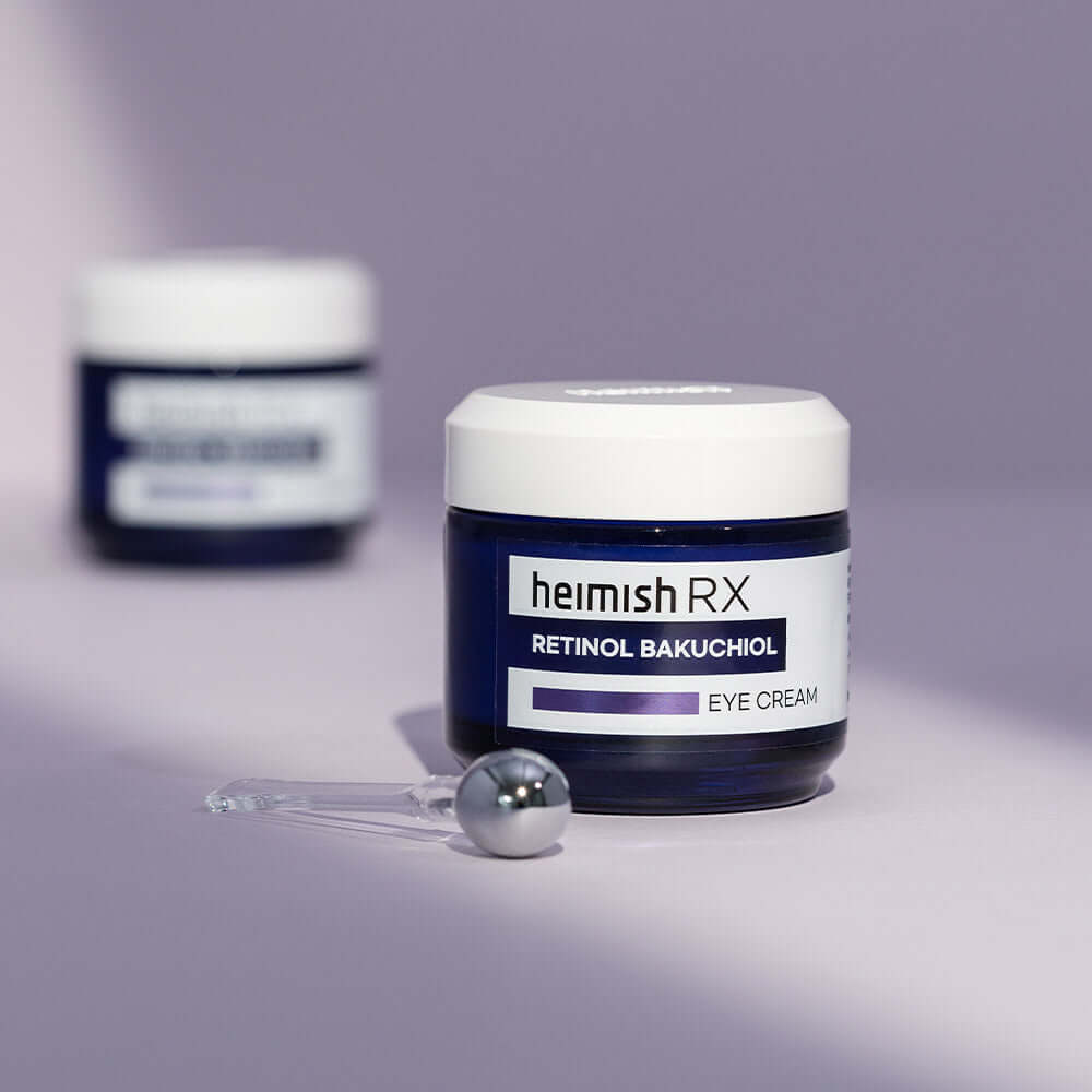 HEIMISH RX Retinol Bakuchiol Eye Cream 30ml with applicator on purple background