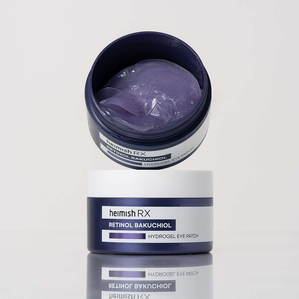 HEIMISH RX Retinol Bakuchiol Hydrogel Eye Patches 60 Sheets in open container with visible hydrogel texture