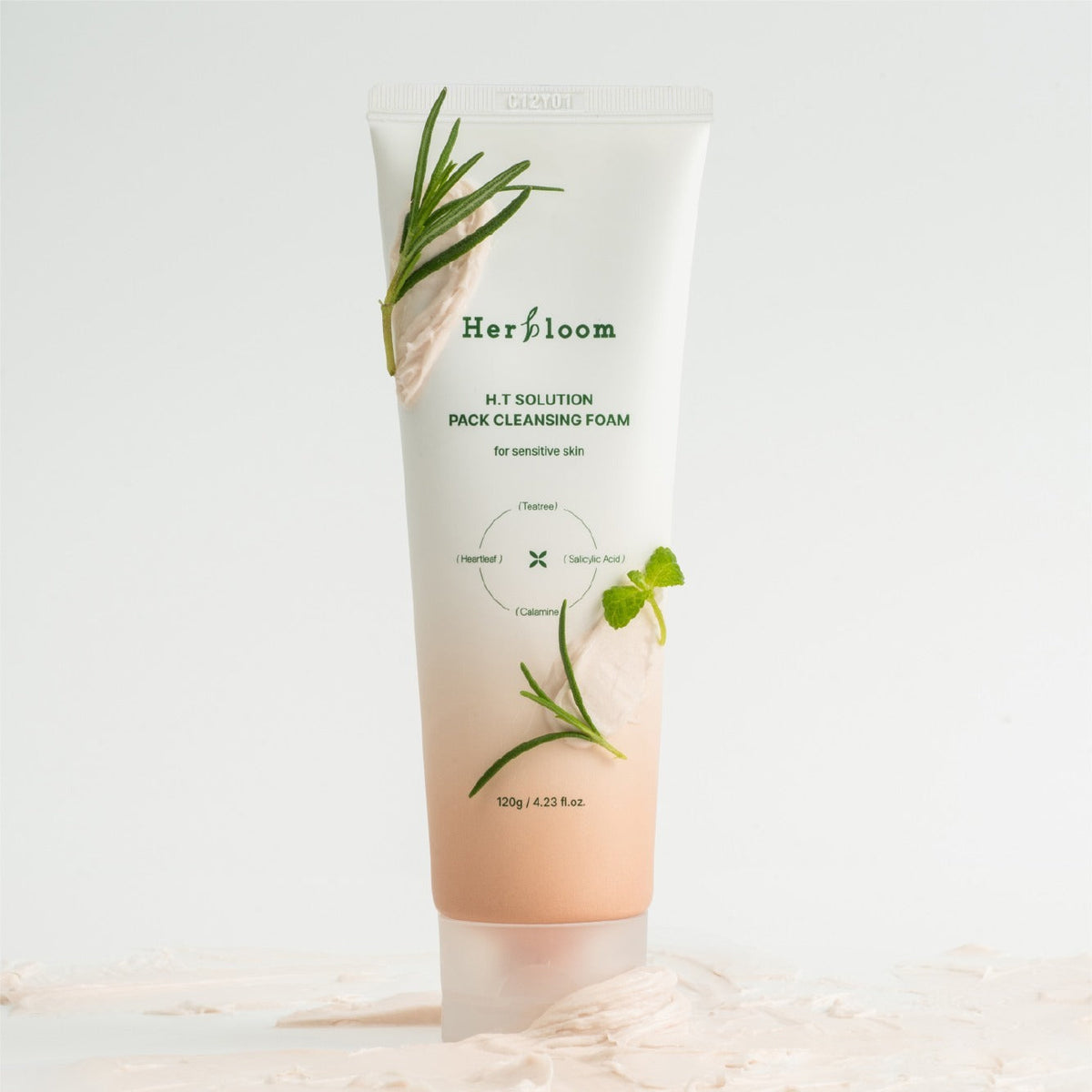 HERBLOOM H.T Solution Pack Cleansing Foam 120g skincare product in a sleek packaging with natural elements.
