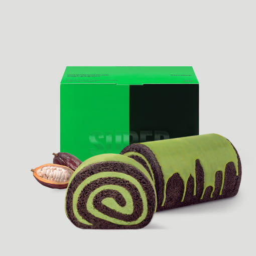 HIT THE TEA Super Matcha Black Roll Cake Gluten-Free with box and ingredients