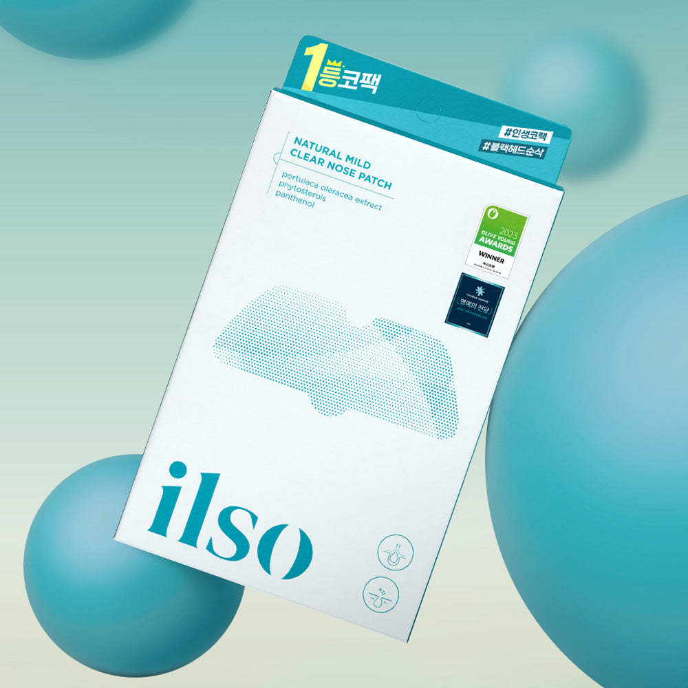 ILSO Natural Mild Clear Nose Pack packaging with abstract background and soft blue tones, emphasizing skincare benefits.