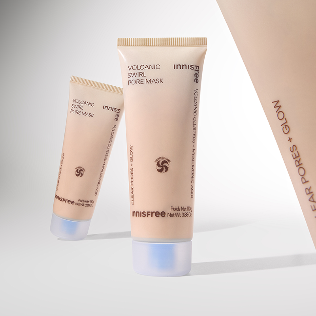 INNISFREE Volcanic Pore Dual Mask 110ml shown in packaging with clear pores and glow benefits.
