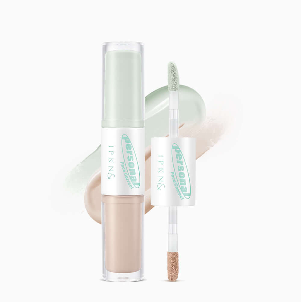 IPKN Personal Tone Correcting Concealer Duo (Green) with dual-ended applicator for effective skin tone correction.