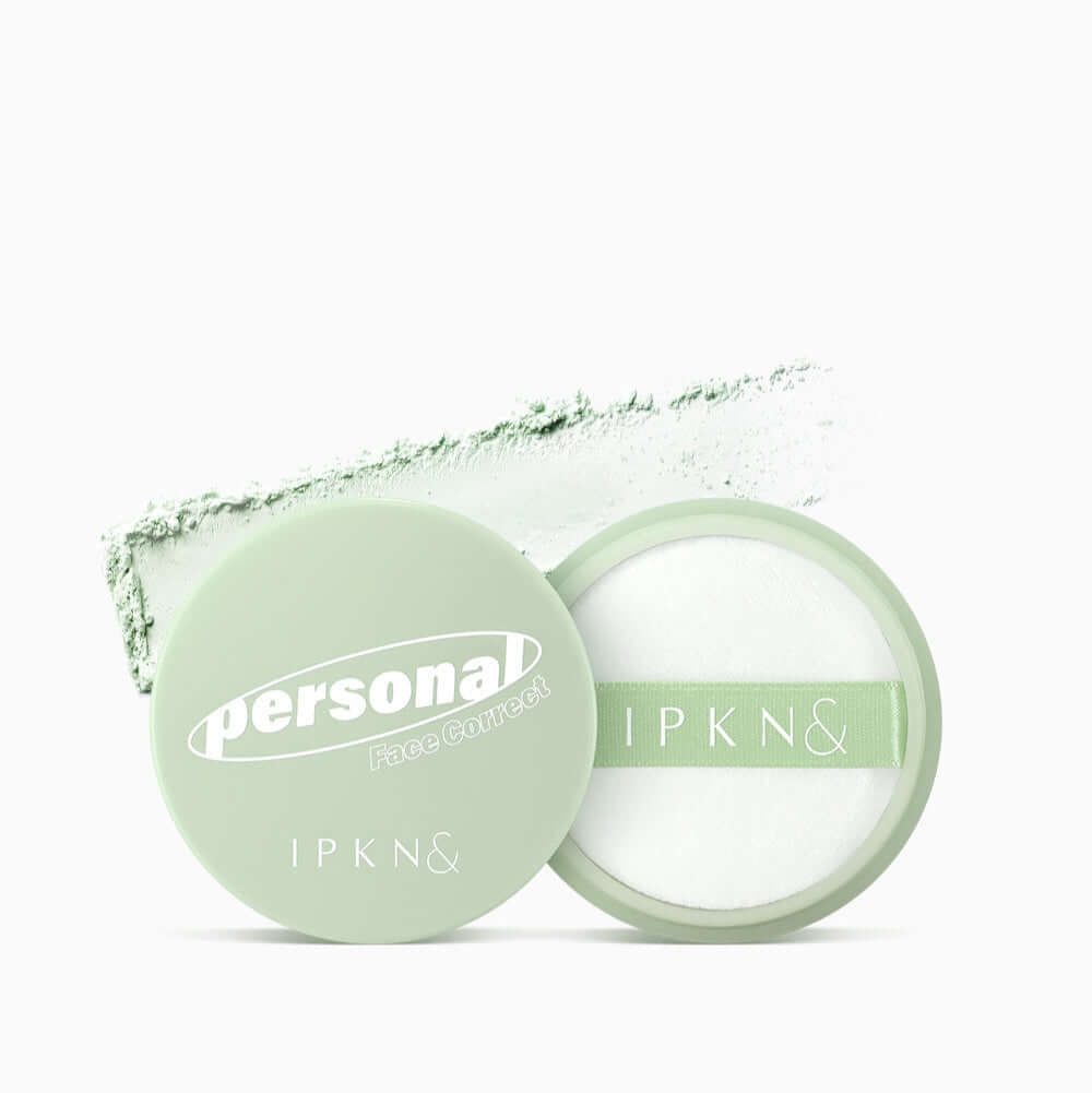 IPKN Personal Tone Correcting Powder (Green) with compact and applicator shown on a white background.