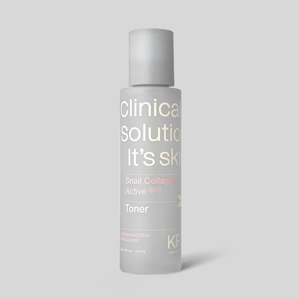 Image of IT'S SKIN Snail Collagen Active Toner 120ml in a sleek white bottle on a gray background.