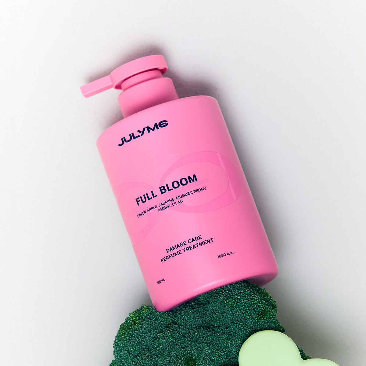 JULYME Damage Care Collagen Treatment 500ml (Full Bloom) bottle with pink label, designed for hair care, on a white background.