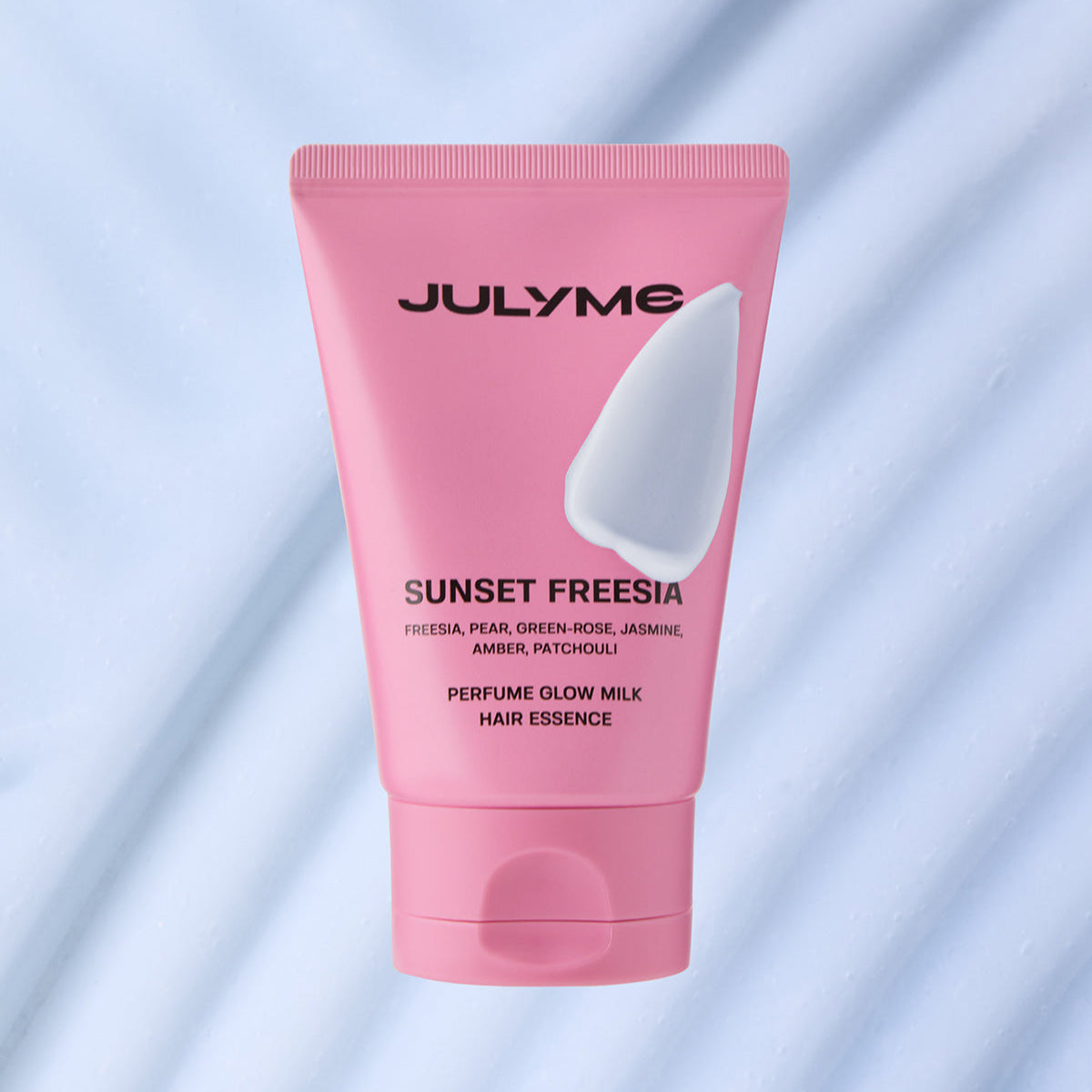 JULYME Perfume Glow Milk Hair Essence 80ml (Sunset Freesia) on marble background, pink tube with floral scent notes.