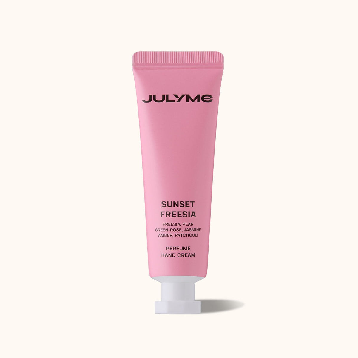 JULYME Perfume Shea Butter Hand Cream 30ml - Pink Sunset Freesia tube design on a neutral background