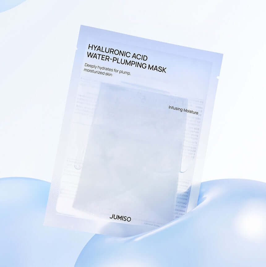 JUMISO Hyaluronic Acid Water Plumping Moisture Mask packaging on a light blue background, highlighting hydration benefits for the skin.