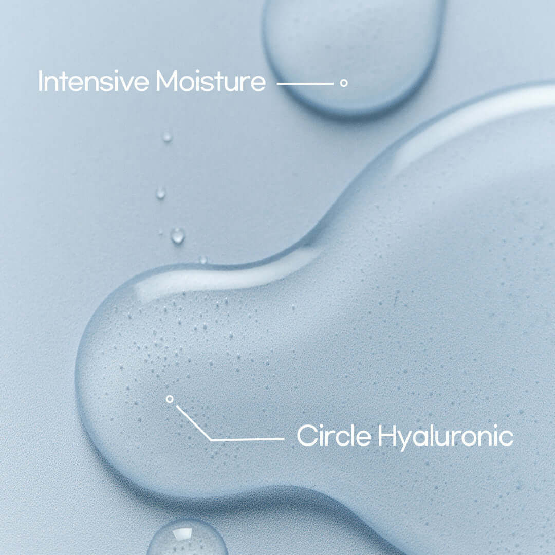 JUMISO Hyaluronic Acid Water Plumping Moisture Serumm showing texture with labelled droplets of intensive moisture and circle hyaluronic.