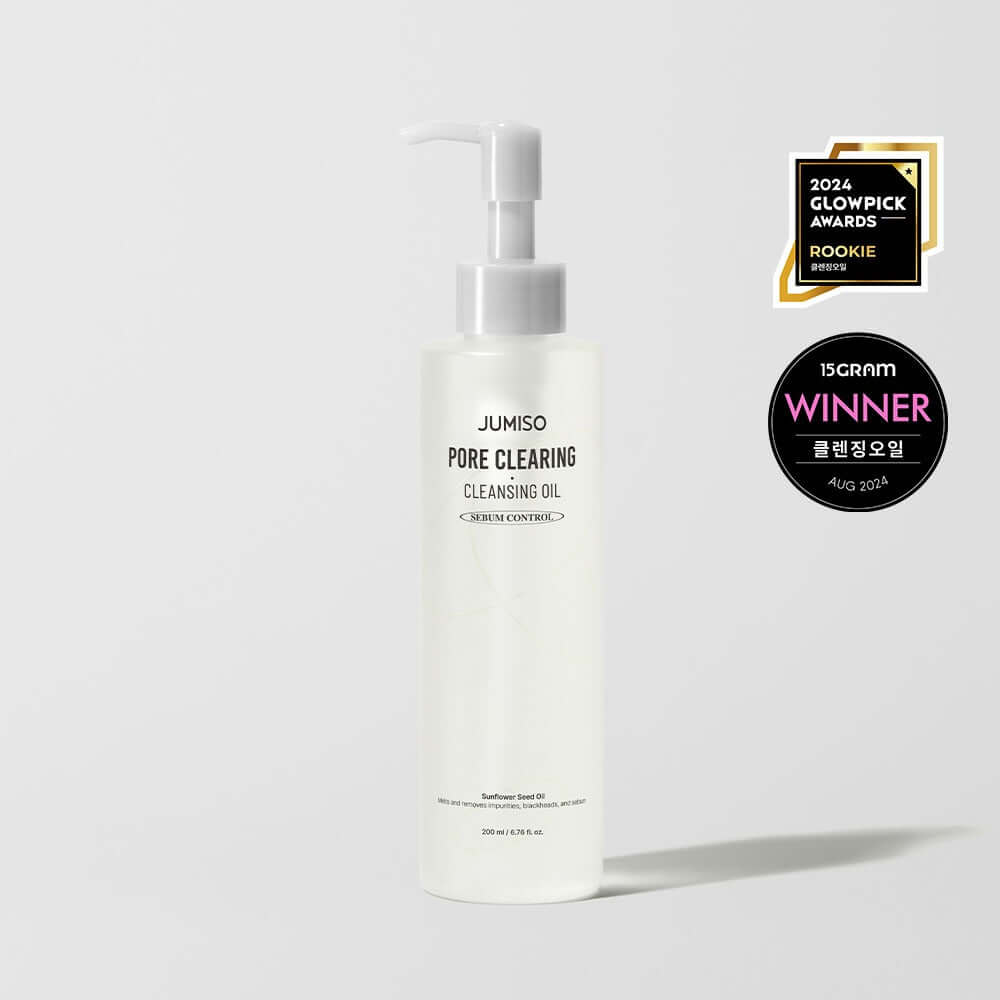 JUMISO Pore Clearing Cleansing Oil 200ml bottle with award badges for skincare excellence.