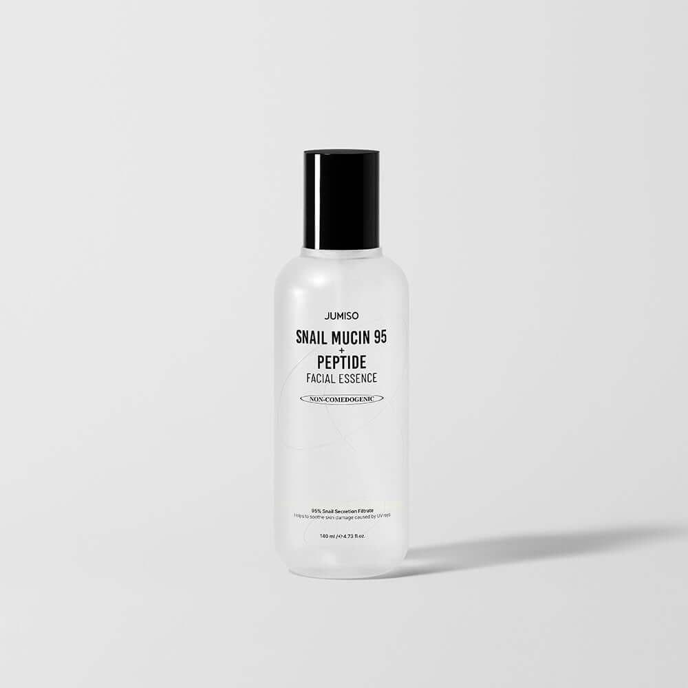 JUMISO Snail Mucin 95+ Peptide Facial Essence 140ml in a clear bottle with black cap, ideal for skincare and beauty routines.