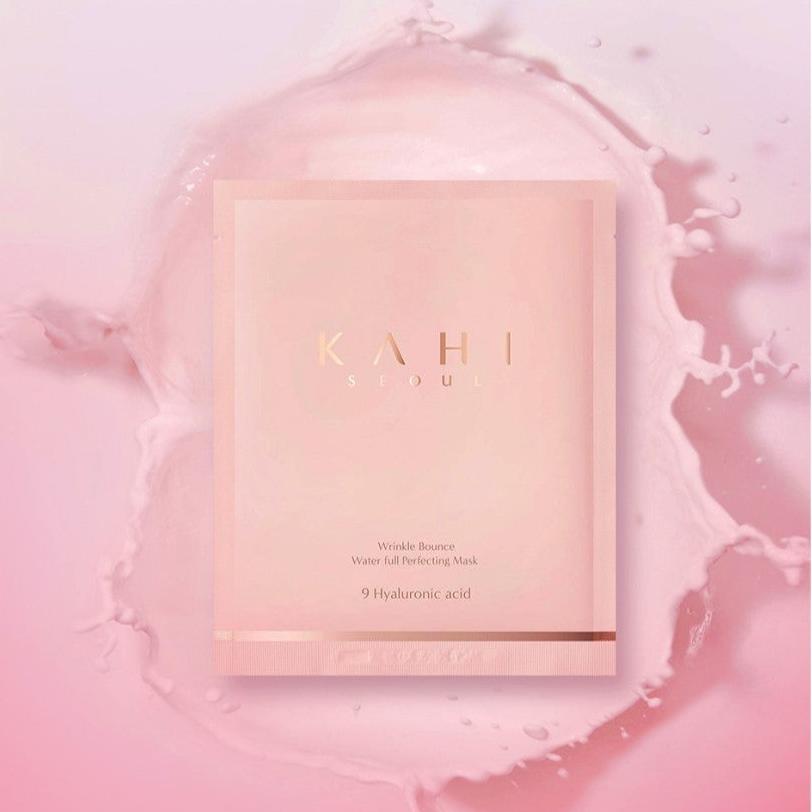 KAHI Wrinkle Bounce Perfecting Mask with pink splash background.