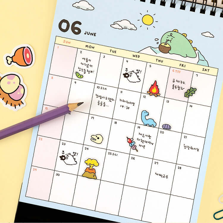 KAKAO FRIENDS Jordi Dino 2025 Calendar showing June month with colorful icons and cute dinosaur illustration.