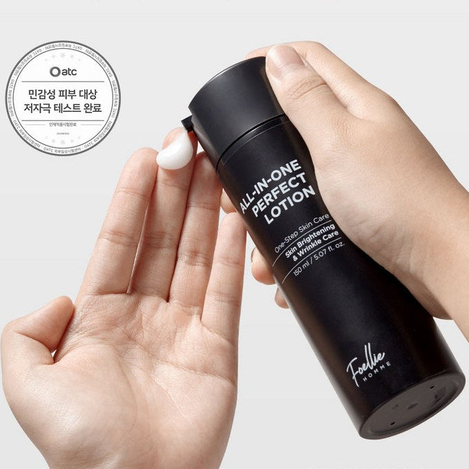 LACVERT Homme All-in-One Perfect Lotion 150ml by Gentleman Korea — black bottle dispensing lotion into hand for men’s skincare