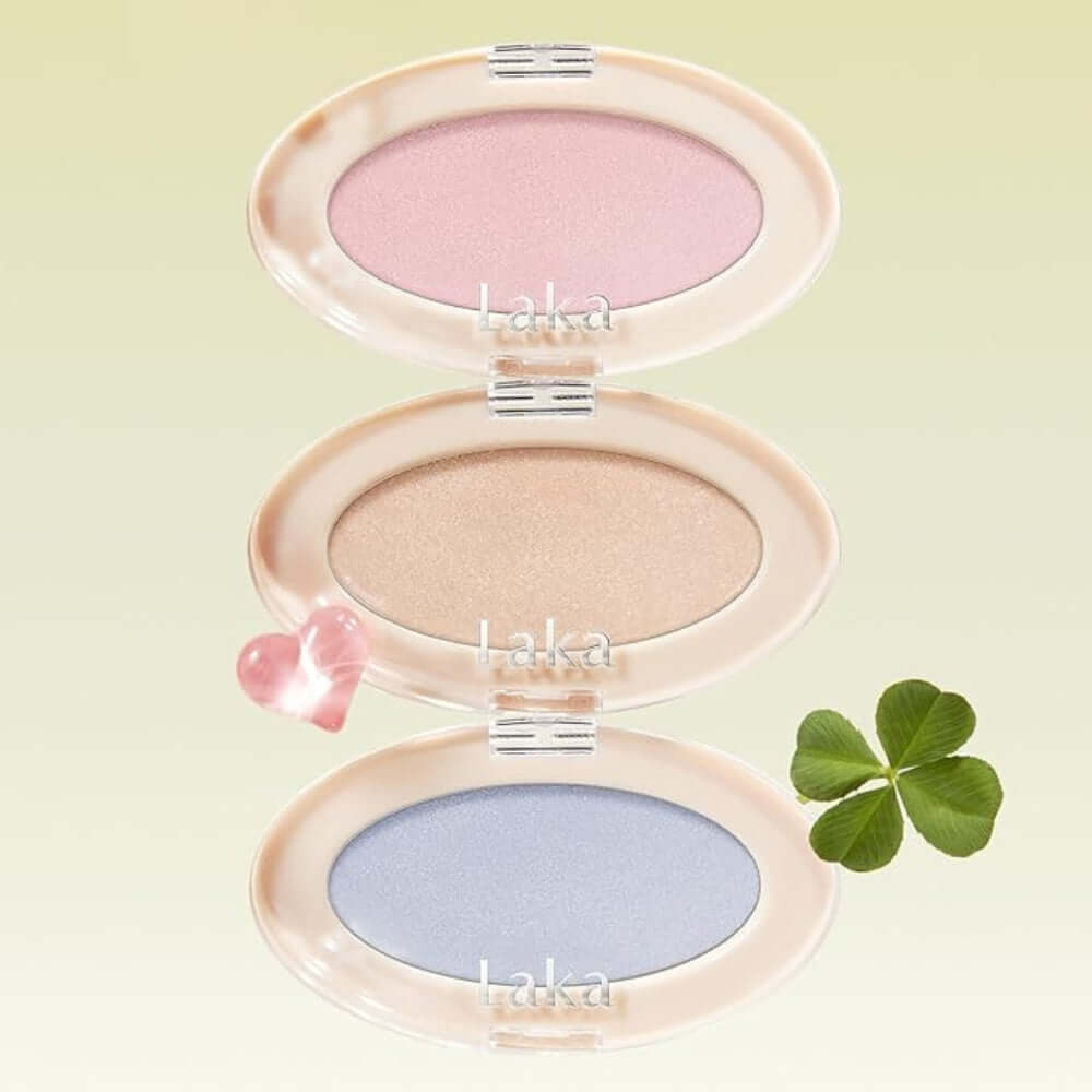 LAKA DreamBeam Highlighter showcasing three shades with a clover for enhanced glow and beauty.