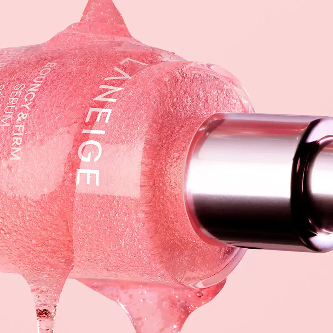 LANEIGE NEW Bouncy & Firm Serum 30ml with pink gel texture in background.