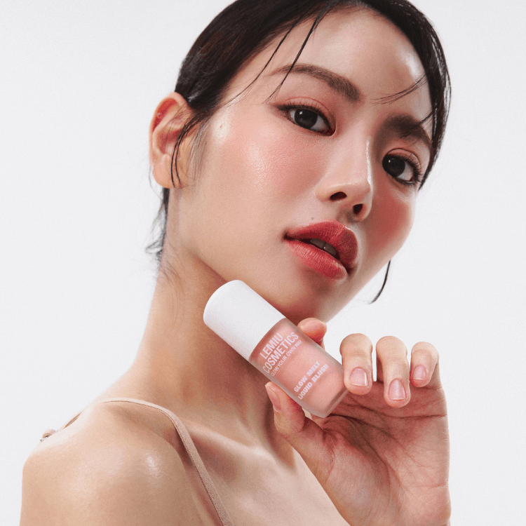Model showcasing LEMIU Glow Melt Liquid Blush, highlighting radiant and natural makeup finish.